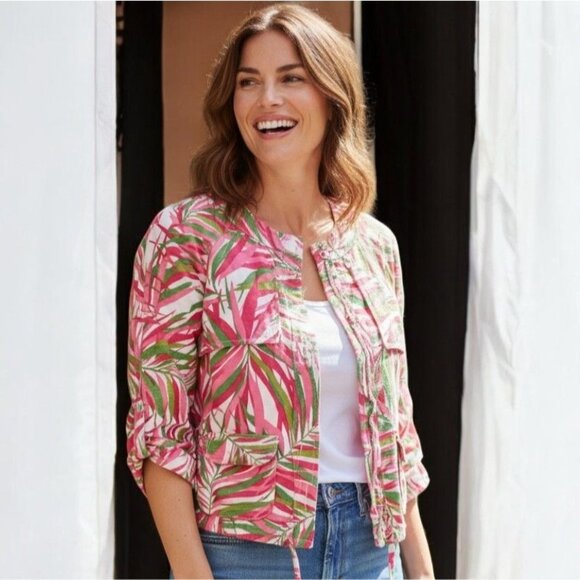 Ruby Rd Petite 8P Linen Blend Palm Leaf Jacket Pink Green Drawstring Pockets - Picture 1 of 8